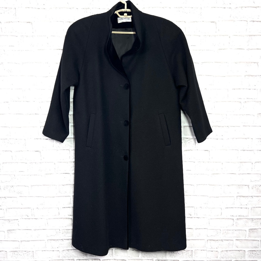 VINTAGE |•FORECASTER•| 100% Wool Long Black Coat Velvet Collar & Buttons Size 8